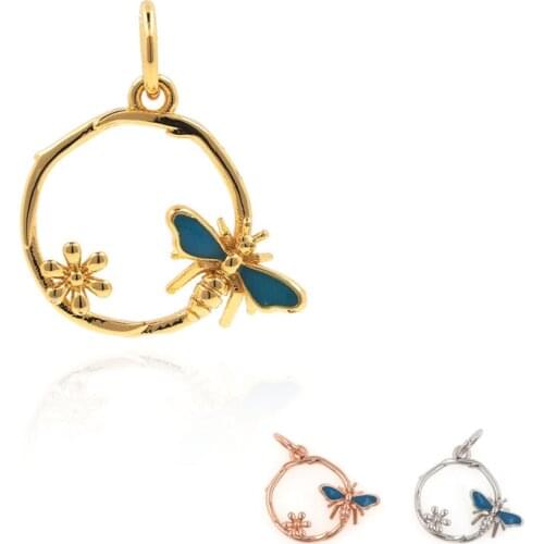 Golden Bee Necklace, Insect Pendant, Round Hollow Flower Jewelry, DIY Jewelry Making Accessories, 16.5x15x3mm