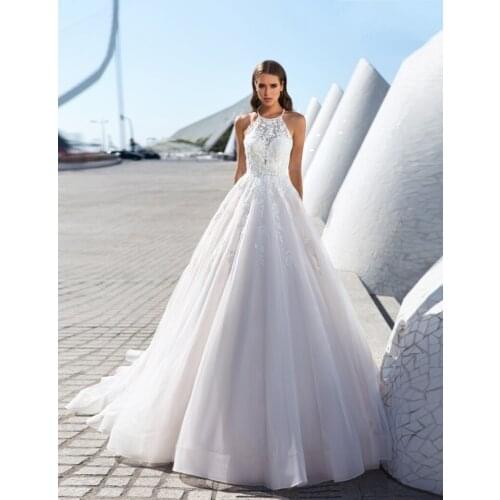 Ruby Bridal Luxury Backless Wedding Dress 2020 Court Train Bridal Gown Halter Tulle Appliques Beaded свадебное платье vestidos