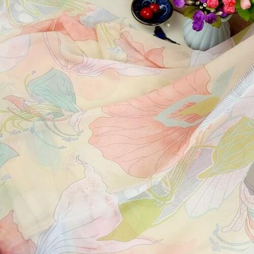 Printed chiffon fabric Chinese style lotus chiffon gauze costume Hanfu skirt faux silk scarf decorative clothing DIY fabric