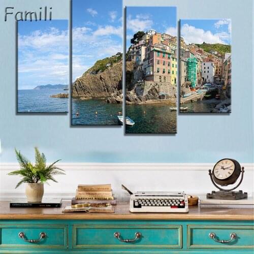4 Piece Modern Canvas Painting Italy Landscape Wall Art Poser Print Beautiful City River Pictures Home Decor for Bedroom