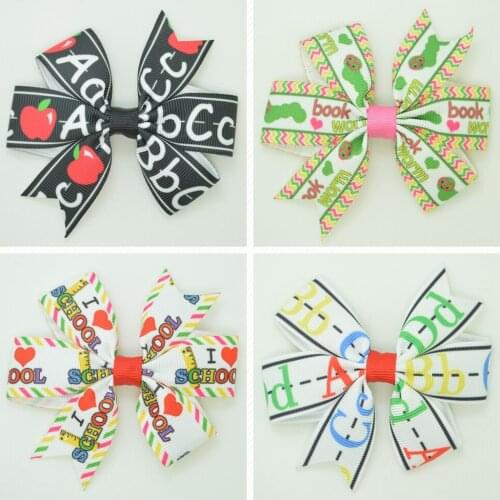 SUPWRF 3.1'' Back to school day kids hair accessories hair bows With Clip hair Printed Ribbon headwear wholesale 20 PCS T0929
