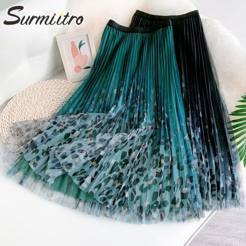 SURMIITRO 2021 Autumn Midi Long Pleated Tulle Skirt Women Korean Style Leopard Mesh Mid-Length High Waist A Line Skirt Female