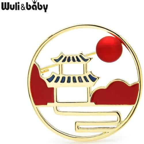 Wuli&baby Enamel Pavilion Landscape Brooches For Women Natinal Style Party Office Brooch Pins
