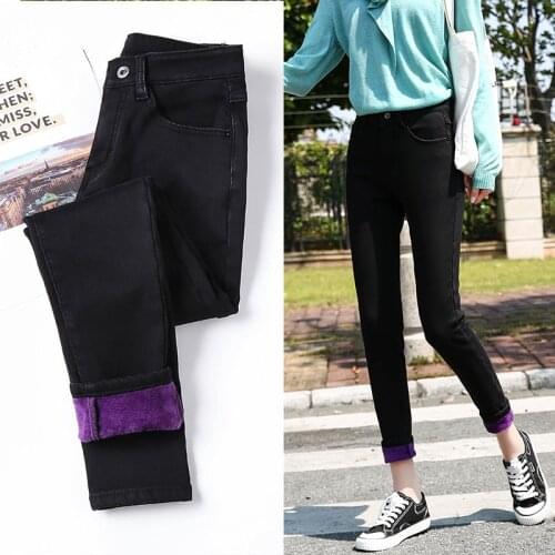 2021 Plus Velvet Fleece Female High Waist Denim Pencil Pants Plus Size 40 Winter Thick Women Warm Skinny Jeans Simple Stretch
