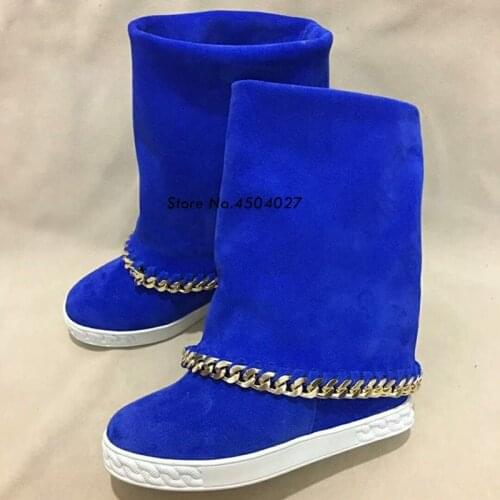 New Womens Blue Wedge Shoes Boots Chain Flat Women Boots Height Increased 8cm High Heel Boot Shoes Woman