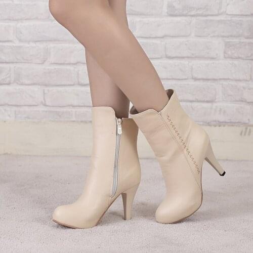 Spring Autumn Ladies Mid Calf Boots Fashion Simple PU Zipper Short Boots Sexy Stiletto Heel Winter Large Size Short Boots 34-43