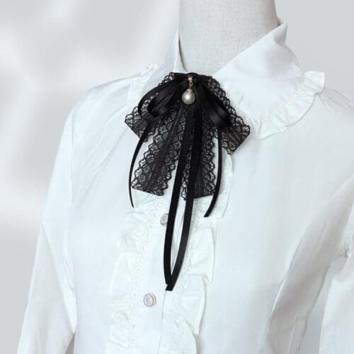 Women Girls Black Lace Ribbon Bow Tie Faux Pearl Pendant Brooch Pin Necklace Uniform Shirt Blouse Pre-Tied Jabot Collar