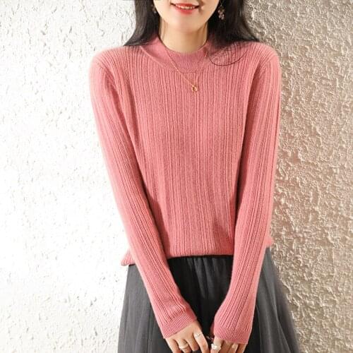 100% Pure Wool O-neck Sweater Women Winter Autumn Long Sleeve Elasticity Bottoming Tops Solid Color Slim Fit Warm Knit Pullovers