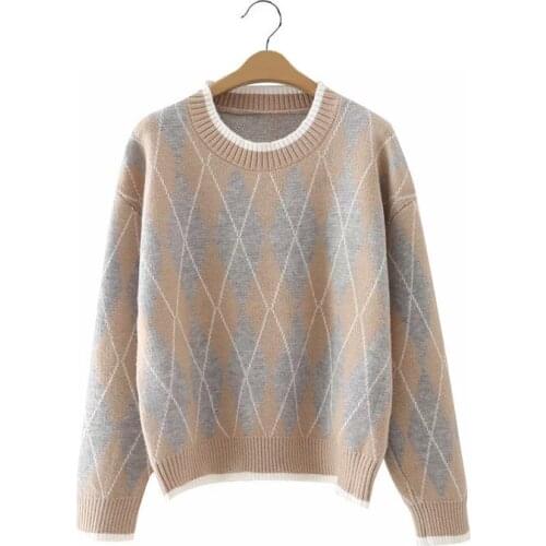 Women Diamond Pattern Knitted Sweater Jumper O Neck Long Sleeve Elegant Oversize Womems Pullovers Sweaters Autumn Tops Female