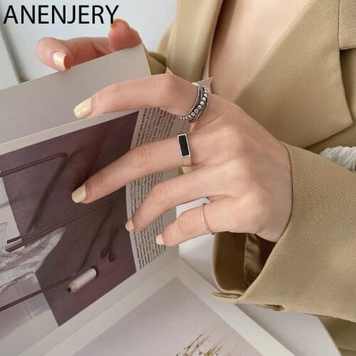 ANENJERY 925 Sterling Silver Simple Black Drop Glaze Square Ring for Women Fashion Party Jewelry Gifts Wholesale S-R864