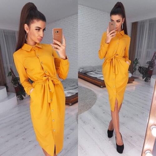 Women Vintage Front Button Sashes A-line Dress Long Sleeve Turn Down Collar Solid Elegant Dress 2020 Autumn Fashion Women Dress