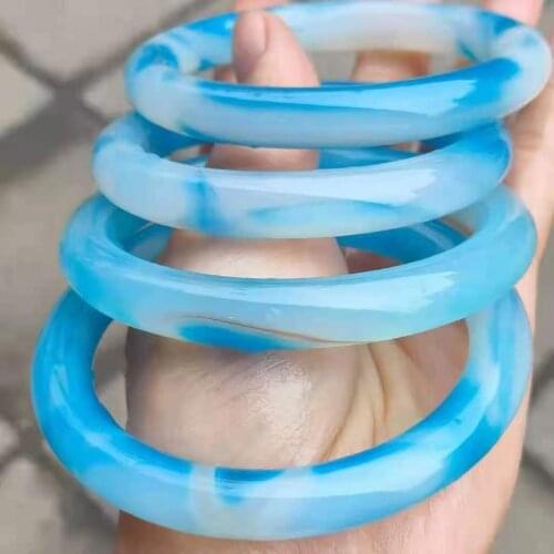 2021100% Natural Chalcedony Ice blue bracelets women Circular handcarved jade bangle jewelry jadeite bangles Real agate bracelet