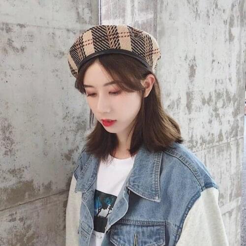 2020 New Fashion Female Autumn Winter Retro Plaid-plaid-wool Casual Art Painter Beret Hat
