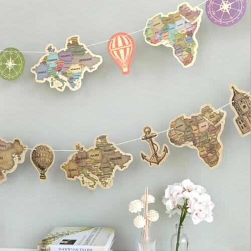 9pcs ancient world map paper banner Pennants Anchor Fire balloon Travel around the world String flag for Home Party decoration