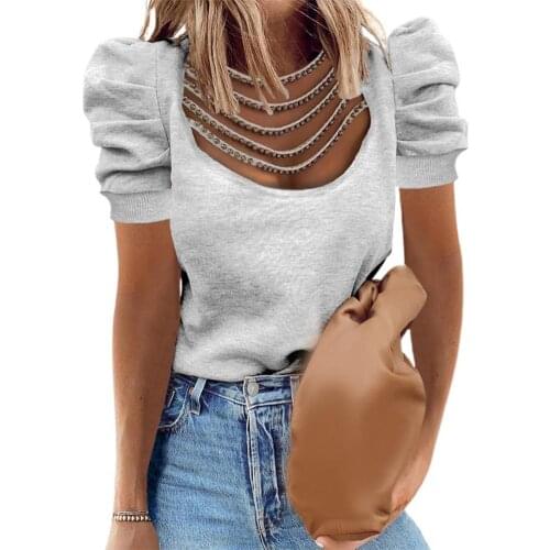 Women T-shirt Elegant Hollow Out Mesh Puff Short Sleeve Beads O Neck Blouse Spring Summer Skinny Club Fashion Shirts Streetwear