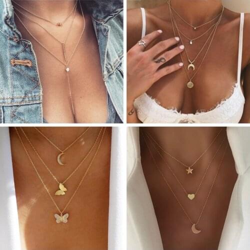 New Chain Necklace Multilayer butterfly star Stainless Steel Disc Pendant Necklace For Women New Trend Female Jewelry Collar