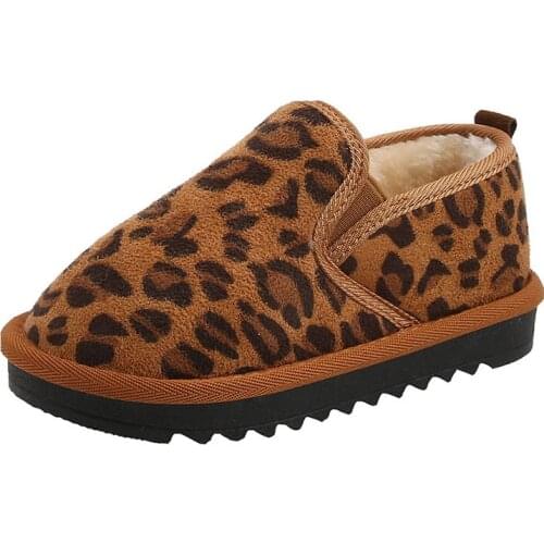 CUZULLAA Baby Kids Girl Leopard Warm Plush Lining Casual Shoes For Boys Winter Non-slip Children Flat Slip-on Shoes Size 23-32