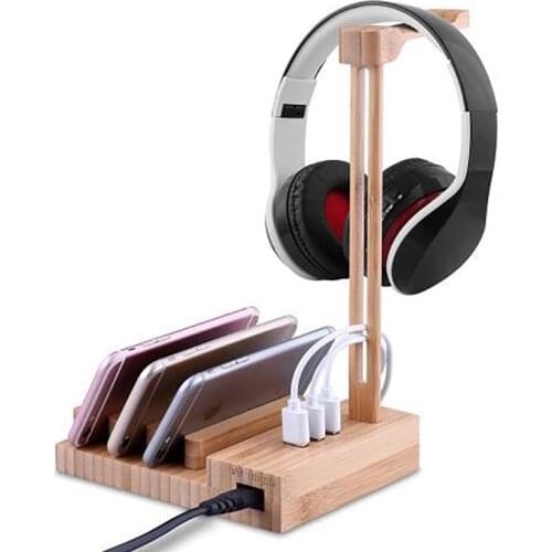 Wooden Headphones Stand with 3 USB Ports, 4 Phone Stand Slots, Cable Organizer Desktop Headphone Holder Gaming PC Headset Hanger