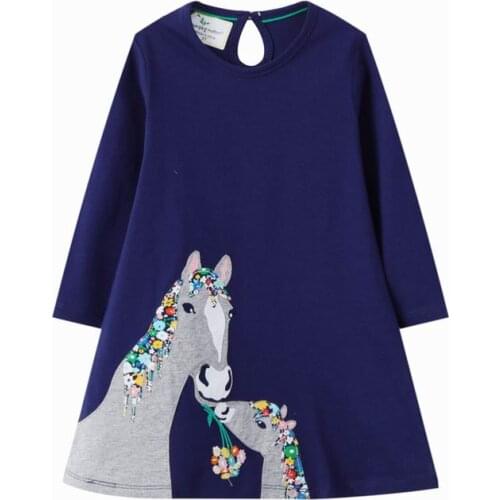 Jumping Meters Autumn Winter Skirt Long Sleeve Girls Cute Horse Navy Blue Clothes Round neck Children Casual Dresses 2-7years