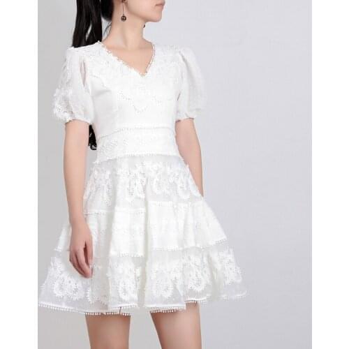 Guesod2018 summer women dress handmade heart water soluble flower embroidery patchwork v-neck slim white dress organza dress new