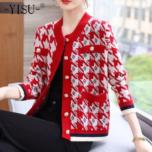 YISU Autumn Women Sweater Cardigan V-Neck Printing Autumn tops Knitted Cardigan Casual Warm Single breasted Sweater Cardigan Sho