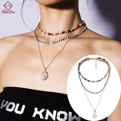 Kpop Fashion Big Name Seed Beads Layers Necklace Women Bohemian Ethnic Summer Sexy Chokers 2020 Lady Graceful Pearl Accessories