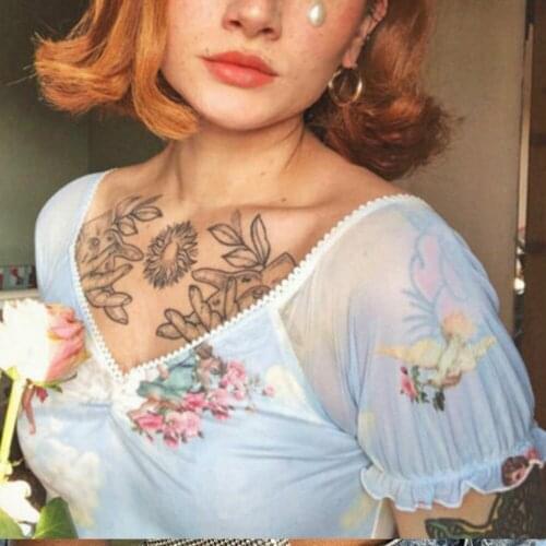 See Through Crop Top Women Ruffles Short Sleeve Fishnet V Neck Angel Cupid Print Lace Up Camisole Female Loose Casual T-Shirts