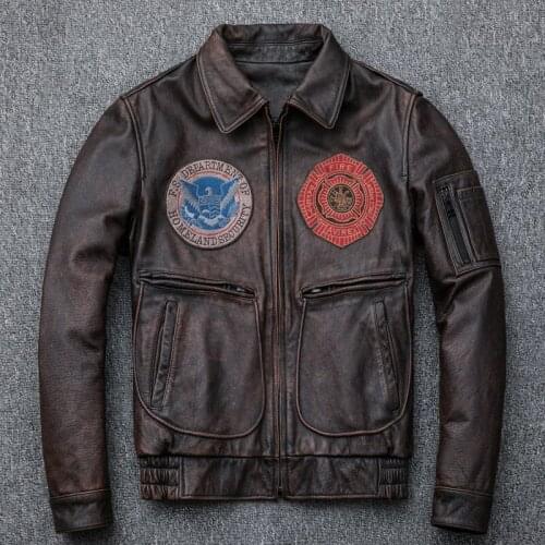 Mens Motorcycle Genuine Leather Jacket Retro Washed And Old First Layer Cowhide Air Force Bomber Jacket