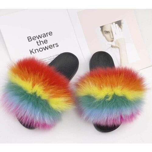 Summer Womens Puffy Home Sandals Ladies Soft Fox Fur Slippers New Female Real Fluffy Raccoon Shoes Fashion Flat Fur Flip Flops