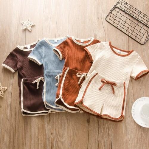 New Childrens Short-Sleeved Shorts Two-Piece Suit Boys Girls Solid Color Pit Strip Home Service Soft And Comfortable Pajamas