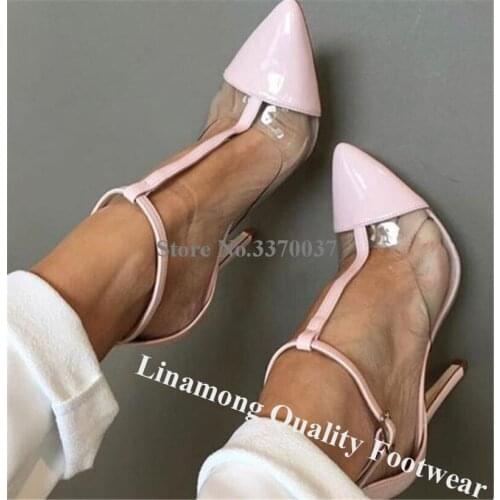 Linamong Western Style Clear PVC Pacthwork Pink Patent Leather Stiletto Heel Pumps Pointed Toe T-strap High Heels Wedding Shoes