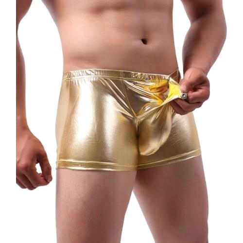 M-XXL Sexy Gay Underwear Men Boxer Shorts Faux Leather Underwear Wet Look Underpants Open Crotch Pouch Male Panties Gay Cueca