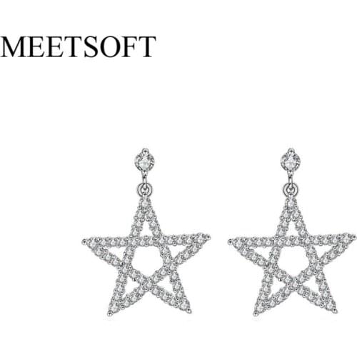 MEETSOFT Silver Plated Prevent Allergy Fashion Drop Earrings for Women Trendy Hollow Out White Star Zircon Jewelry Gift