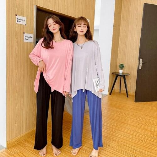 MODAL PLUS SIZE LONG-SLEEVED T-SHIRT WOMENS WIDE-LEG PANTS TWO-PIECE LOOSE KOREAN FASHION CONTRAST COLOR HOME SUIT OUTER WEAR