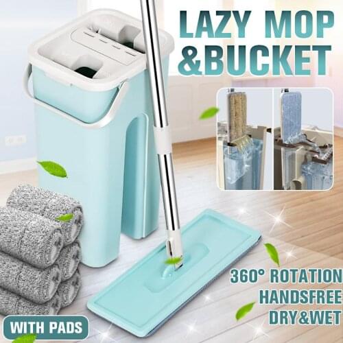 Floor Mop Bucket Set Hand Free Household Automatic Flat Floor Mop Kitchen Home Floor Cleaning Mops With 2pcs Microfiber Pads
