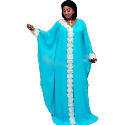 New African Dashiki Womens Fashion Abaya Stylish Chiffon Fabrics Lace Loose Long Dress Free Size + Inside And Scarf 3 Piece