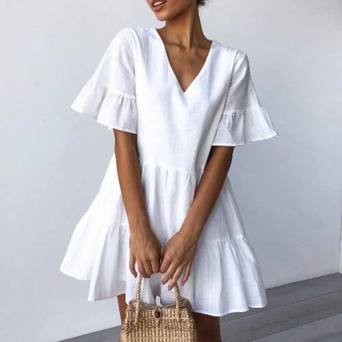 Summer Womens Fashion Casual Short Sleeve Ruffles Dresses Solid Colors V-Neck Loose Beach Party Mini Dress Sundress Vestidos#35