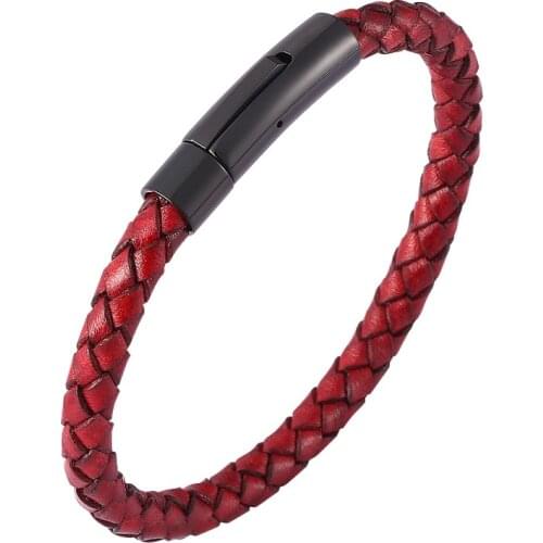 Simple Braided Vintage Red Leather Bracelet Women Men Jewelry Stainless Steel Snaps Bangles Weave Wrist Band Gifts PD0451