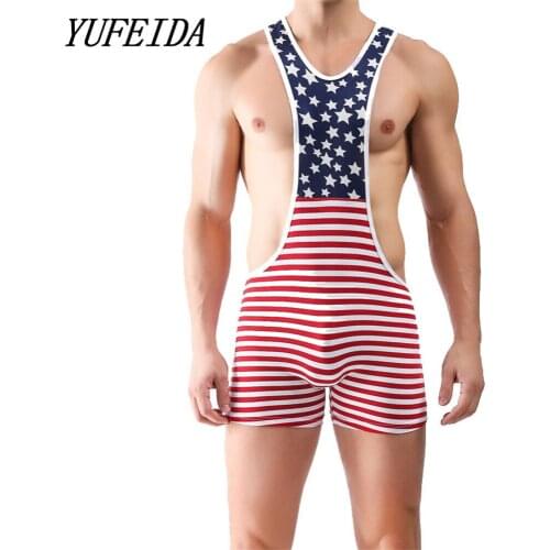 Sexy Mens Bodysuits Jock Strap American Flag Printed Underwear Penis Pouch Gay Sex Costume Lingerie Jumpsuit Nightwear