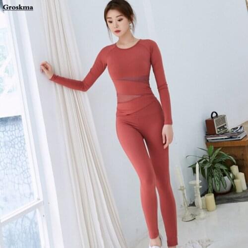 Mesh long sleeve t shirt+high waist pants women yoga two piece set quick dry fitness gym suits running sportswear clothing