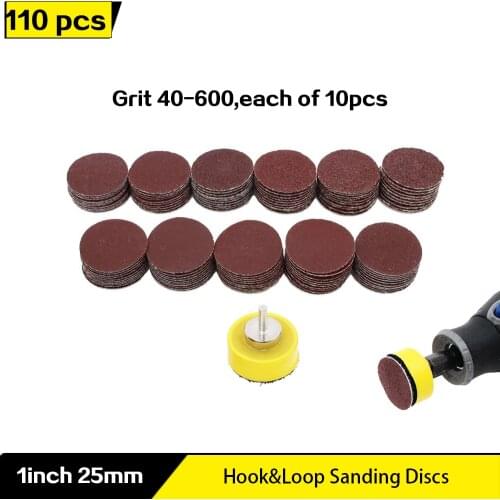 110pcs 1 inch Sanding Discs with 1ps 1/8 Shank Polishing Pads Hook and Loop Sandpaper Abrasive Tool Attachment 40-600Grit