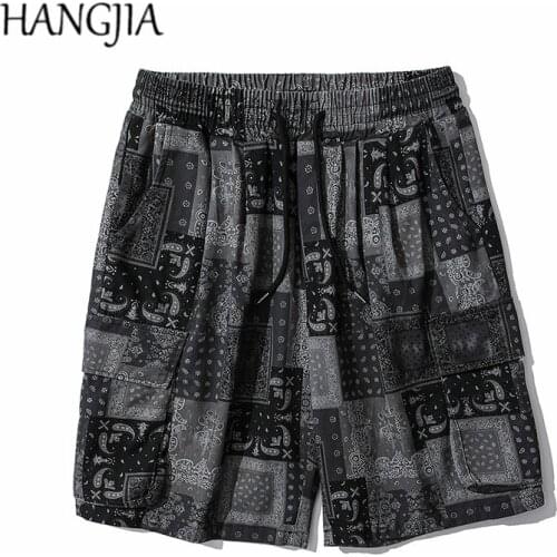 Summer West Coast Retro Cashew Flower Print Shorts Mens Hip Hop Multi-pocket Cargo Shorts Loose Casual Beach Five-point Pants