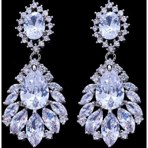KSRA Vintage Trendy Chandelier Floral Zirconia Earrings For Women Crystal Cluster Drops Minimalist Bridal Wedding Jewelry Prom