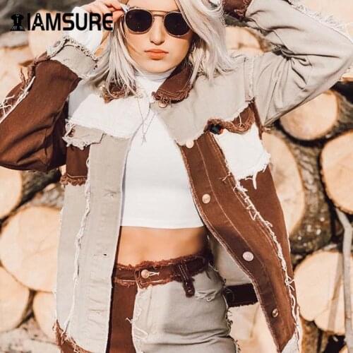 IAMSURE Streetwear Fashion Patchwork Y2K Ladies Jean Jacket 2020 Autumn Contrast Color Long Sleeve Women Casual 90s Denim Jacket
