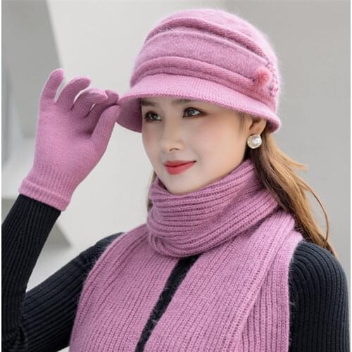 New Casual Women Winter Hat Outdoor Keep Warm Hat Scarf And Gloves Set Fashion Hats For Female Outdoor Street Knitted Bucket Hat