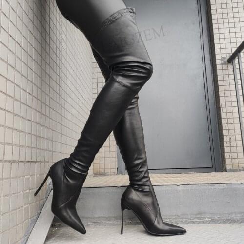 LAIGZEM Slim Fit Women Thigh High Boots Pull On Stretchy Metal Heels Boots Over Knee Female Black Shoes Woman Big Size 44 46 47