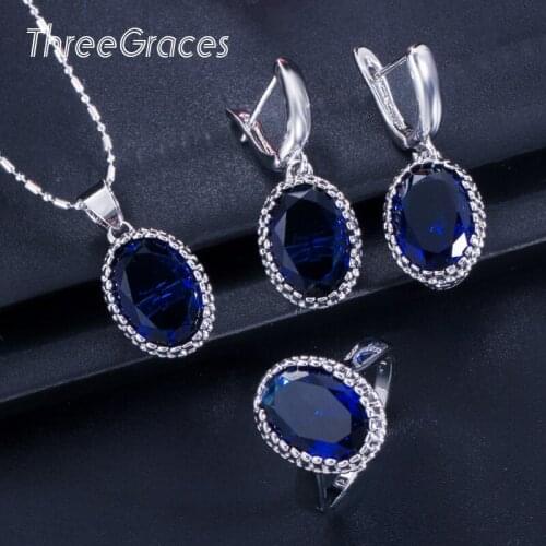 ThreeGraces Fashion Designer Cubic Zirconia Crystal Jewelry Oval Royal Blue Necklace Earring and RingSet For Women JS197