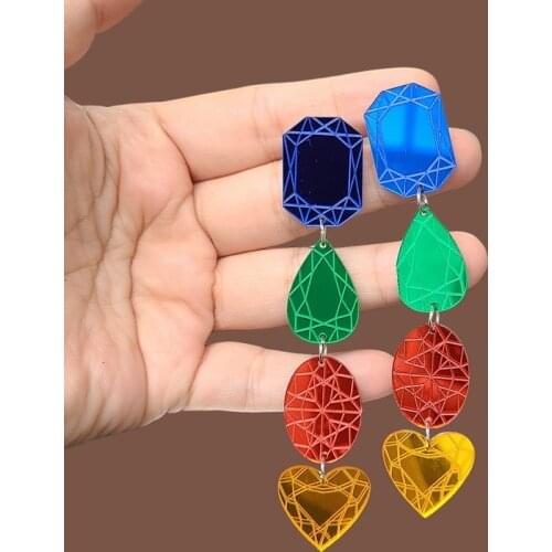 2021 New Color Mirror Carving Color Matching Earrings For Women Geometric Love Diamond Pattern Hanging Earrings Accessories