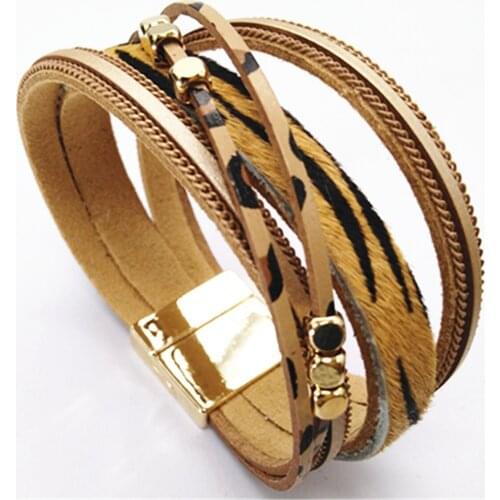 Brown White Horse Hair Magnet Fashion Black Leopard Leather Bracelets Women Multilayer Bangle Female Wedding Jewelry Gifts