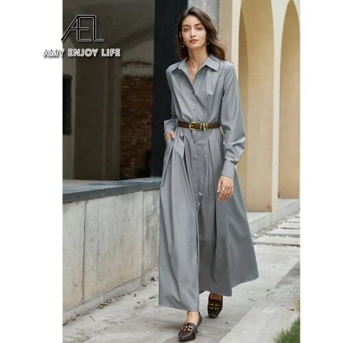 AEL Autumn Women Long Sleeve Shirt Dress Button loose style Minimalism Collection long Blouses Dress grey 2020 new